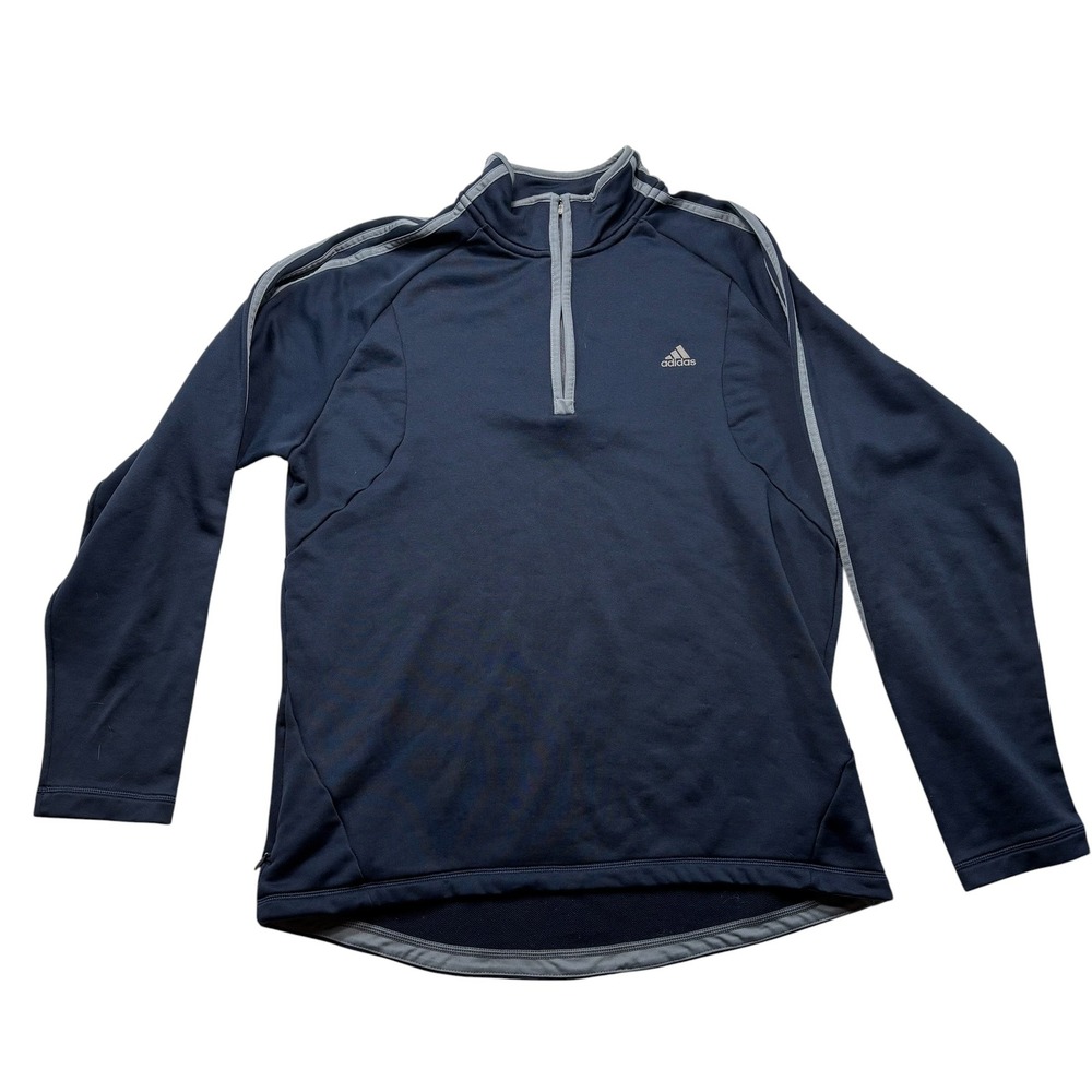 Adidas Mens XL Navy Blue Quarter Zip Fleece Pullover Striped Sleeve #1141